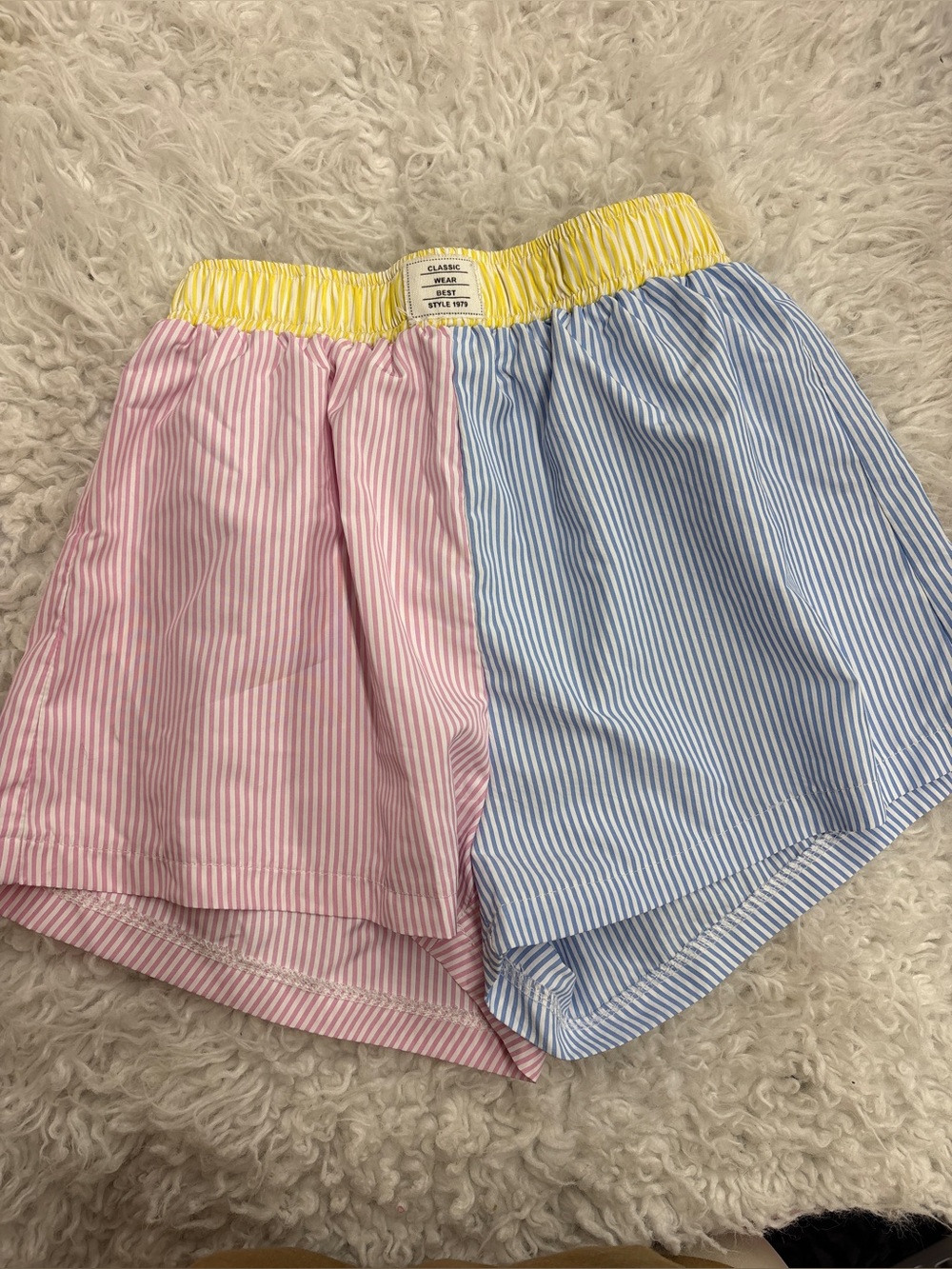 Classic Wear Split Stripe Shorts in Pink & Blue with Yellow Waistband